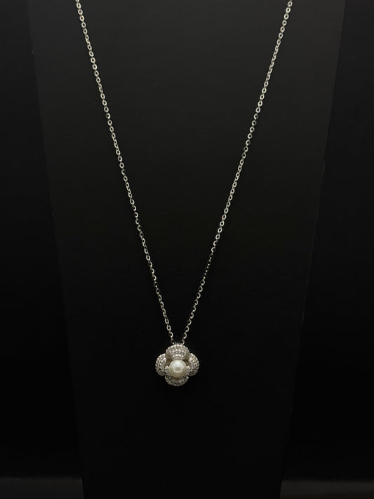 Elegant Pearl and Pavé Crystal Flower Pendant Necklace #44