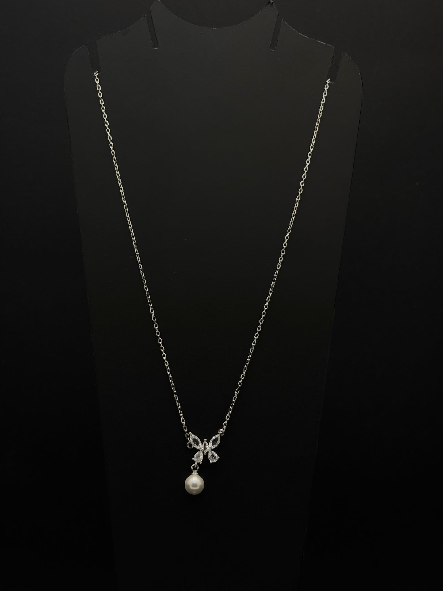 Graceful Butterfly & Pearl Drop Necklace in Silver Tone #47