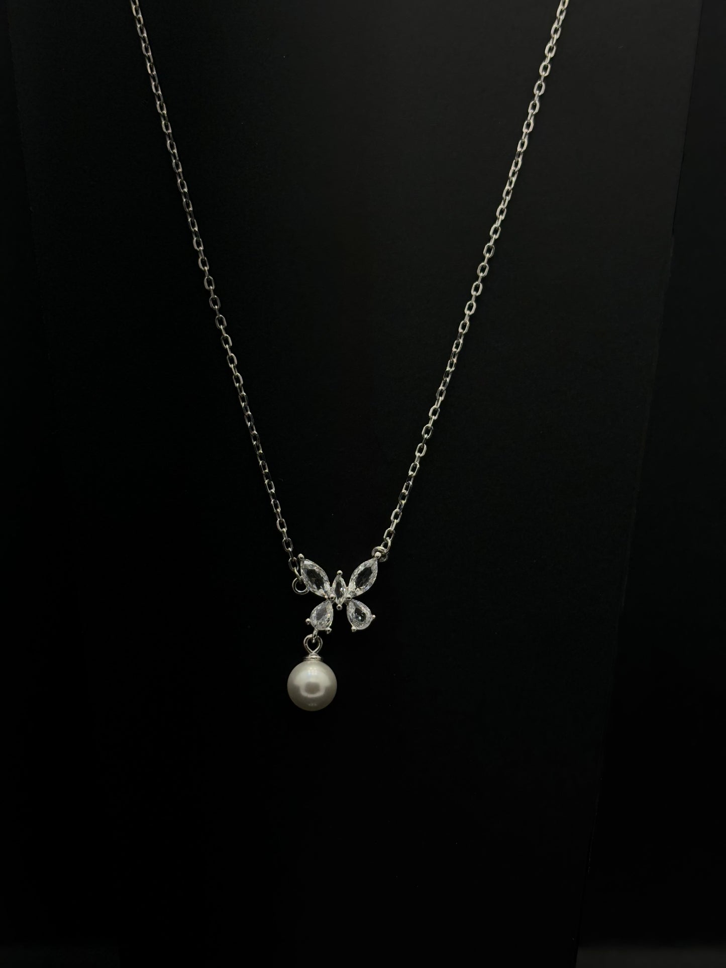 Graceful Butterfly & Pearl Drop Necklace in Silver Tone #47