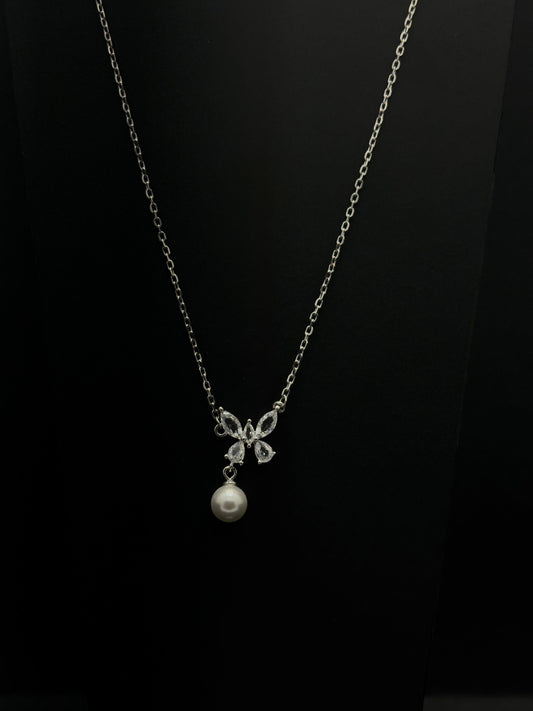 Graceful Butterfly & Pearl Drop Necklace in Silver Tone #47