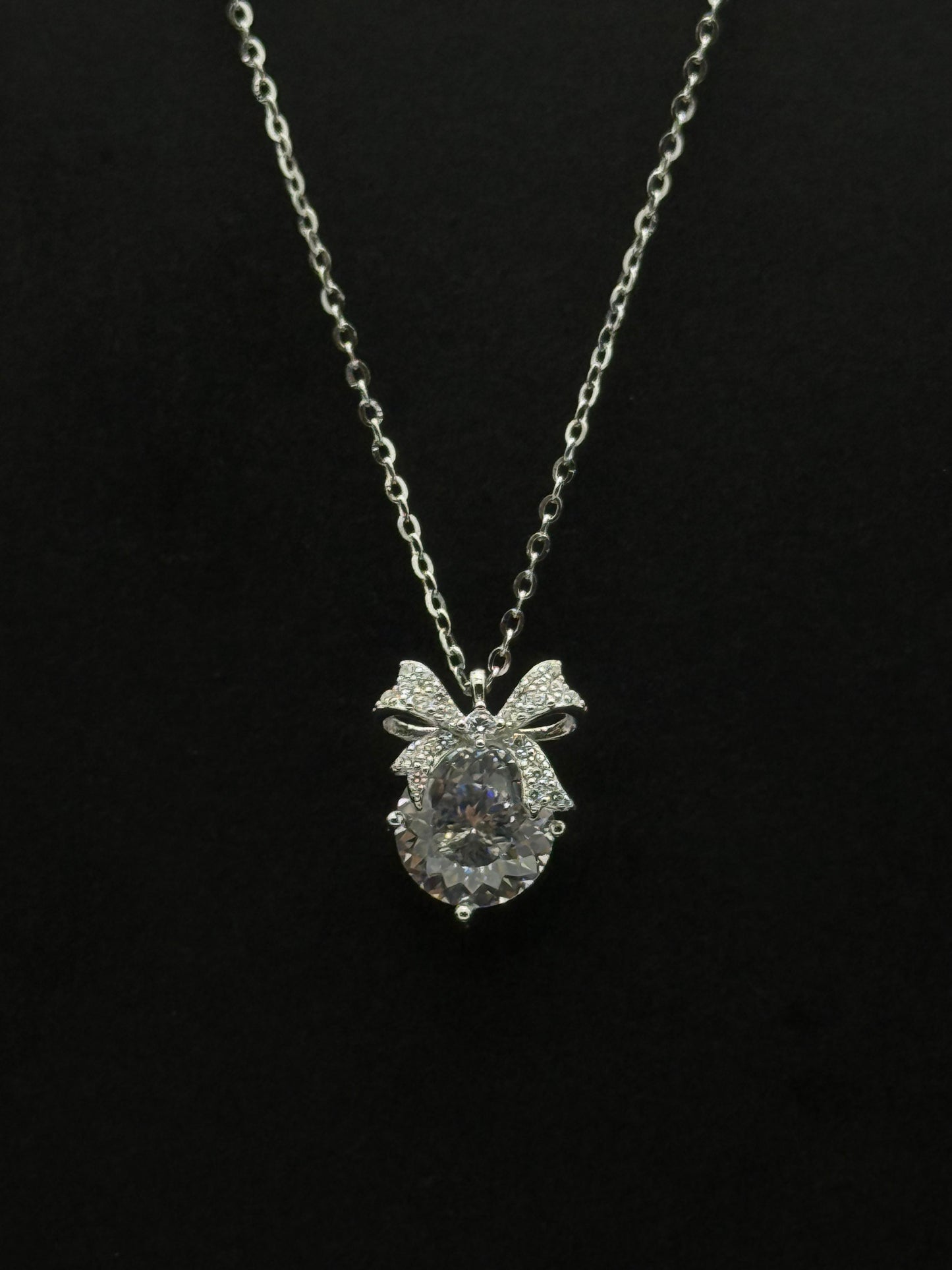 Sterling Silver Ribbon Bow & Cubic Zirconia Solitaire Chain #447