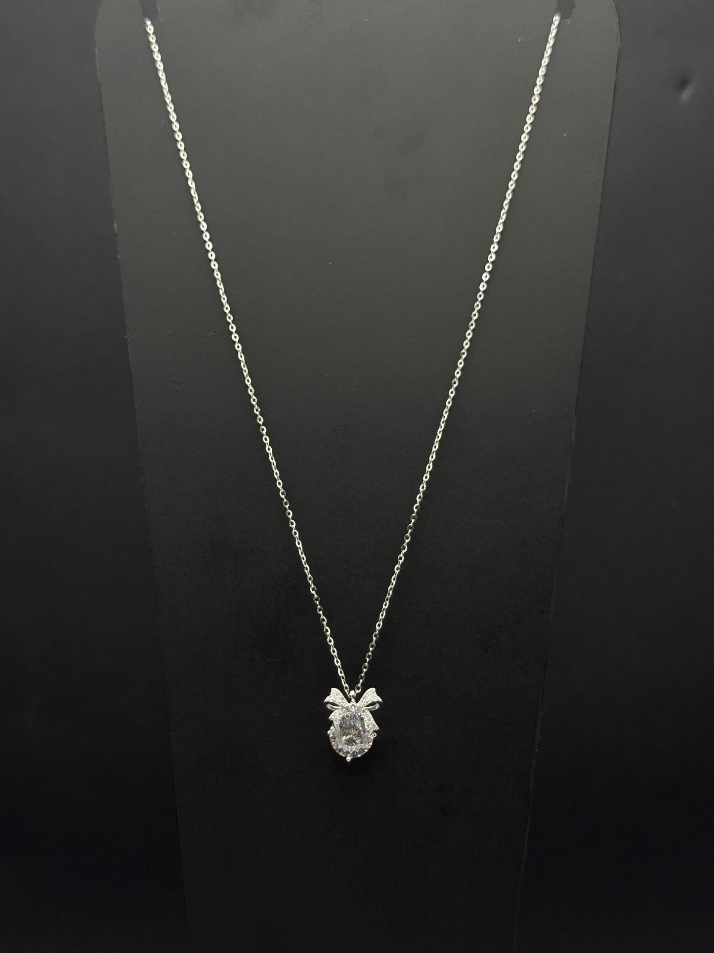 Sterling Silver Ribbon Bow & Cubic Zirconia Solitaire Chain #447