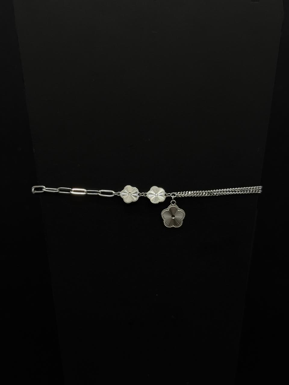 Dainty Silver Floral Charm & Paperclip Chain Bracelet #555