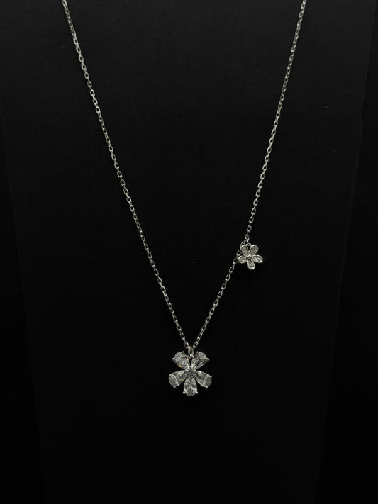 Dual Blossom Asymmetrical Silver Chain Pendant #624