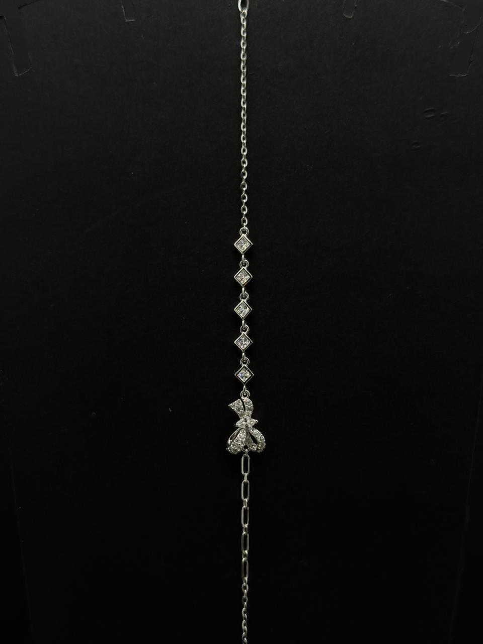 Coquette Bow & Diamond-Station Silver Bracelet #631