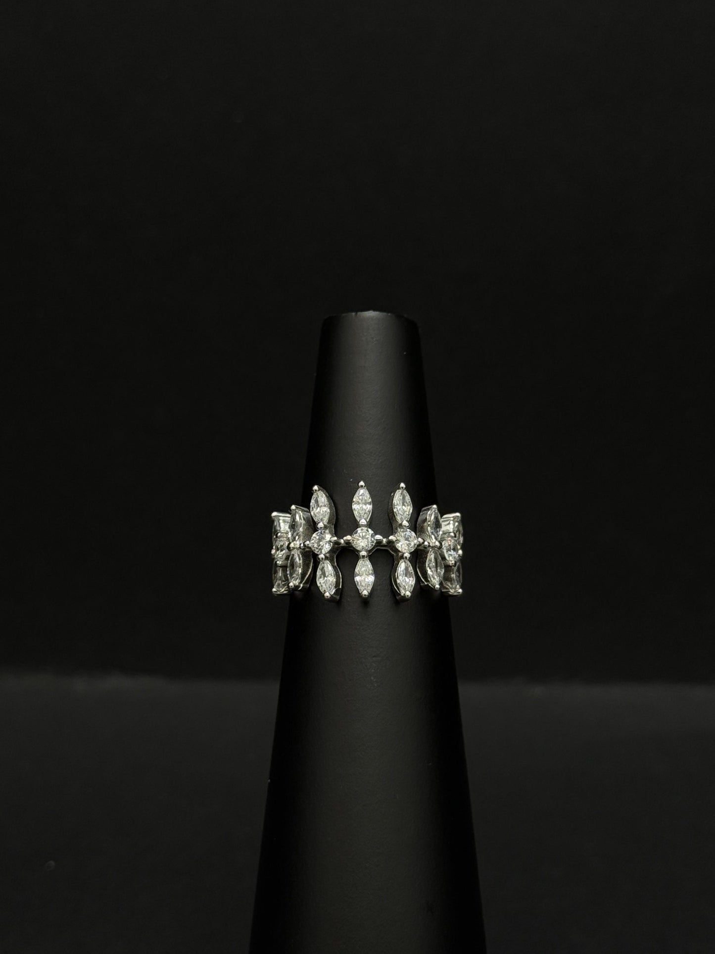 Sterling Silver Statement Ring with a Marquise and Round Diamond Leaf Motif #174