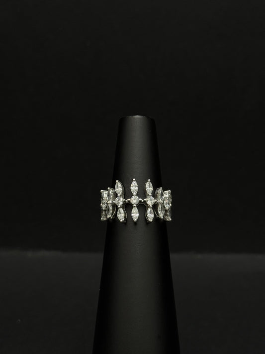 Sterling Silver Statement Ring with a Marquise and Round Diamond Leaf Motif #174
