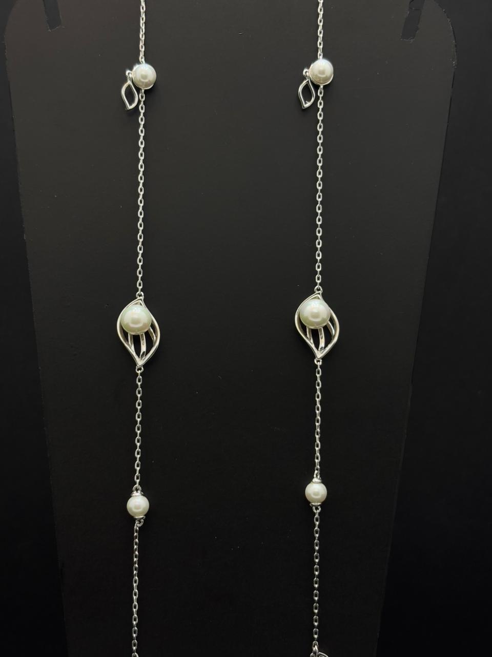 Silver-Toned Station Anklet with Pearls #150