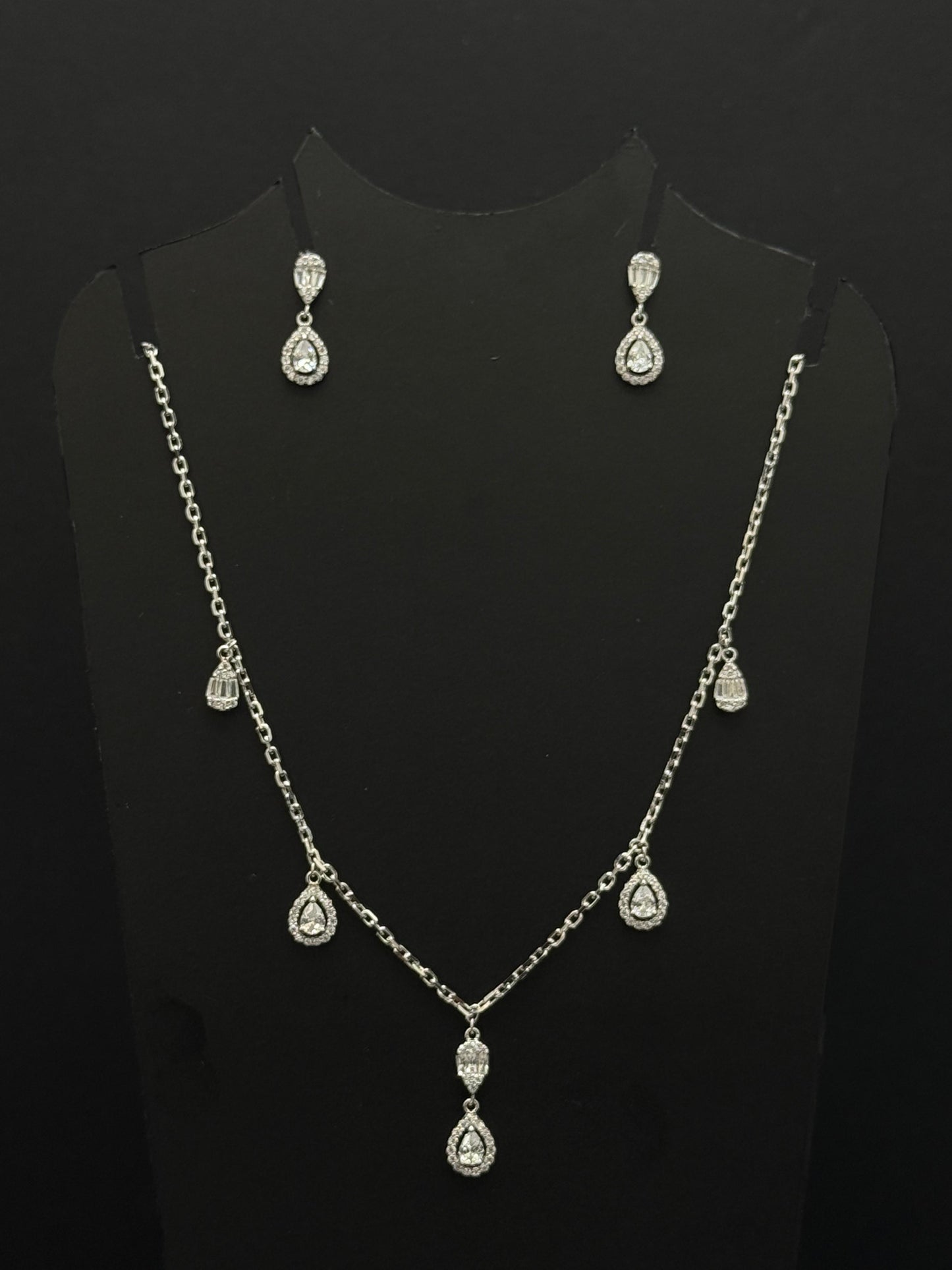 Silver-Toned Cubic Zirconia Drop Chain and Earring Set #218