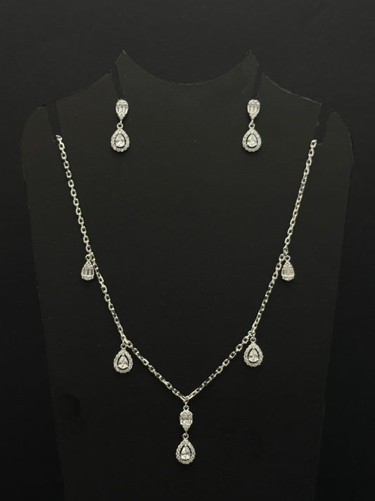 Silver-Toned Cubic Zirconia Drop Chain and Earring Set #218