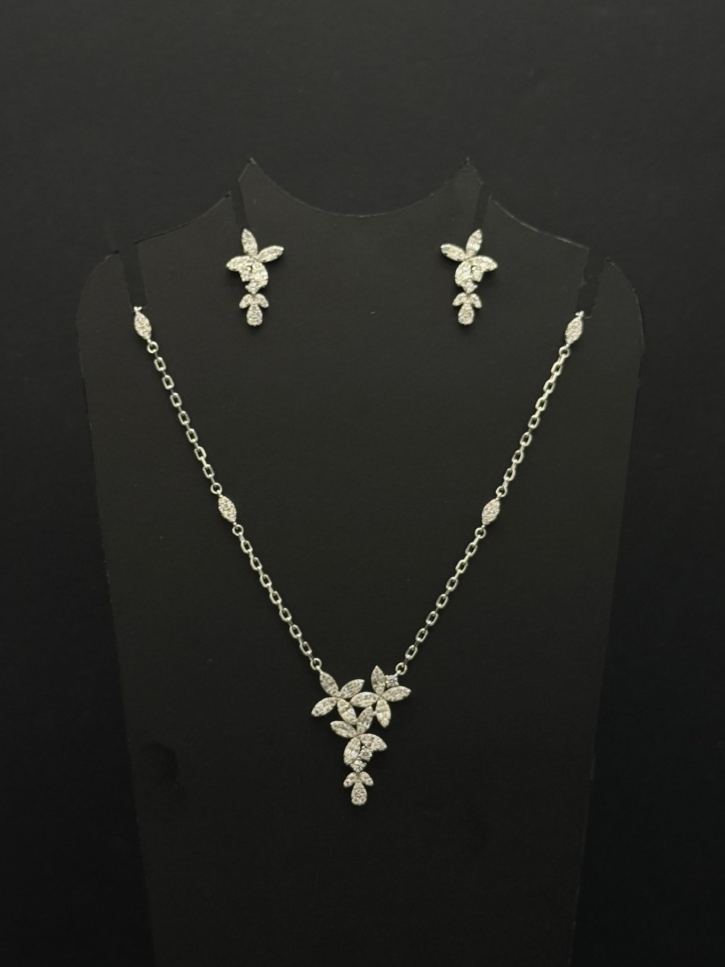 Silver-Toned Floral Cubic Zirconia Chain and Earring Set #216