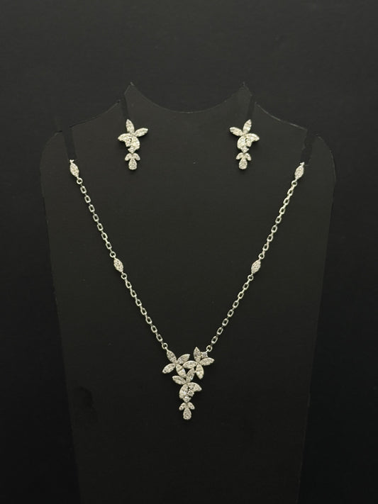 Silver-Toned Floral Cubic Zirconia Chain and Earring Set #216