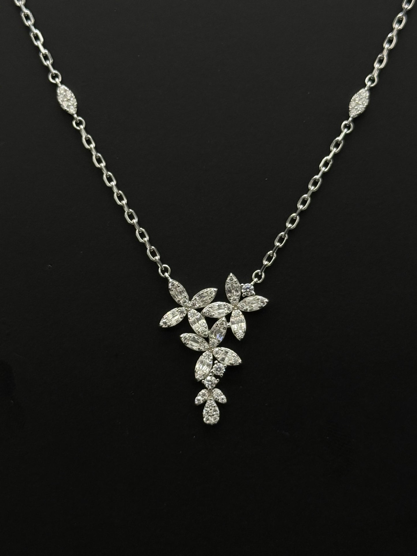 Silver-Toned Floral Cubic Zirconia Chain and Earring Set #216
