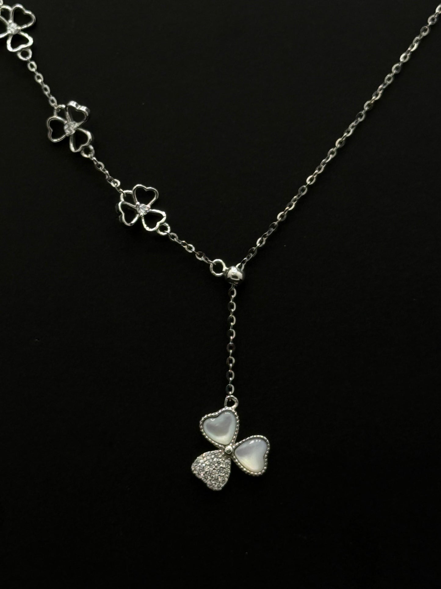 Charming Silver-Toned Clover & Crystal Lariat Necklace #45