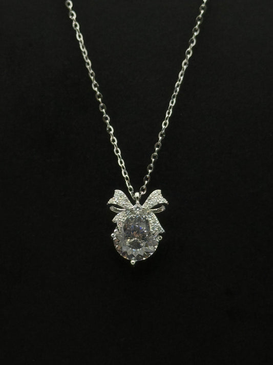 Sterling Silver Ribbon Bow & Cubic Zirconia Solitaire Chain #447