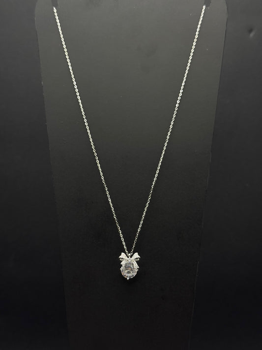 Sterling Silver Ribbon Bow & Cubic Zirconia Solitaire Chain #447