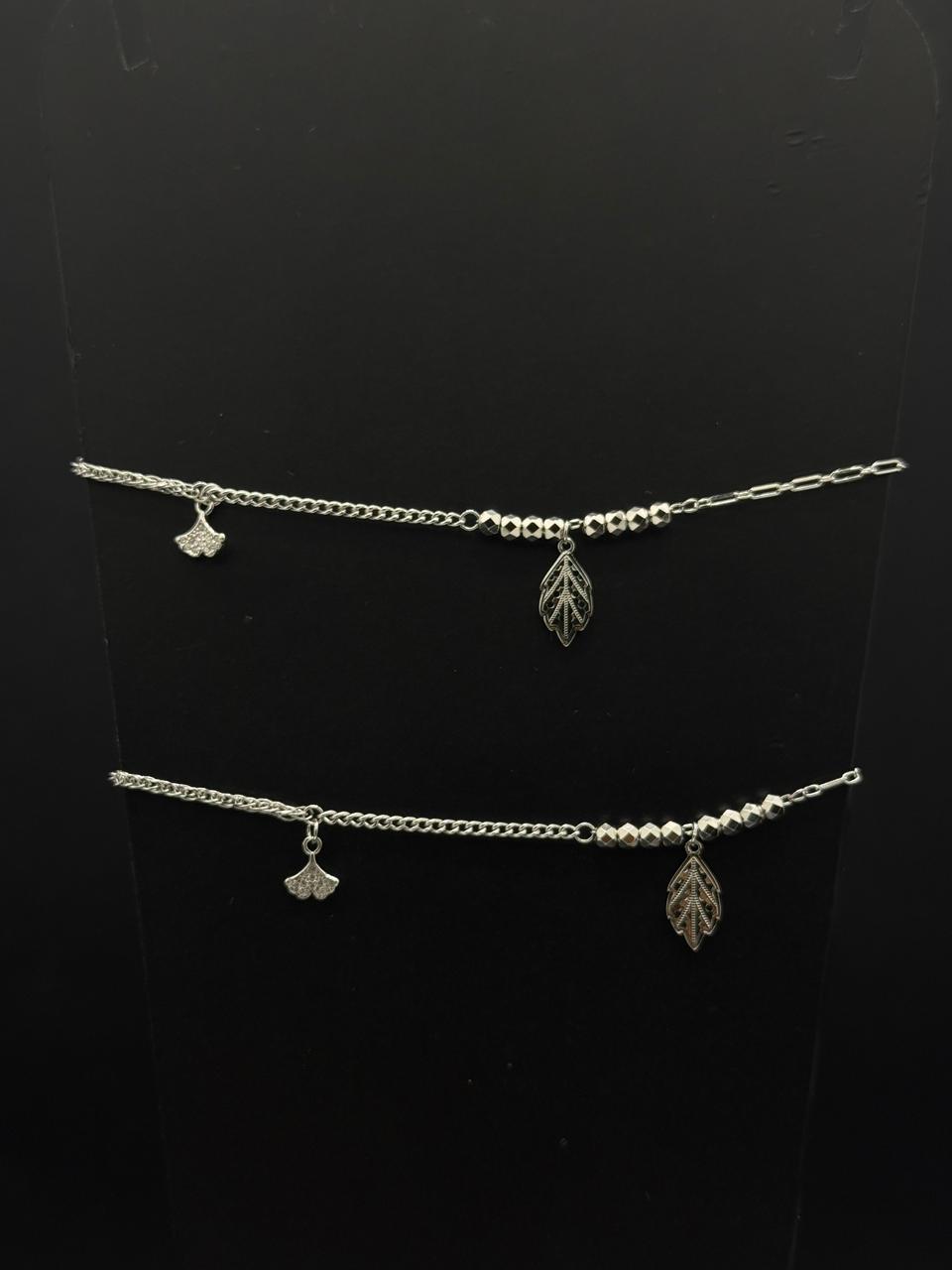 Silver Leaf Charm Layered Anklet #591